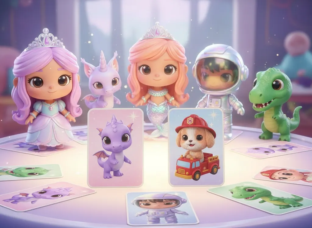 A princess, a baby dragon, a mermaid, an astronaut and a baby dinosaur next to memory cards